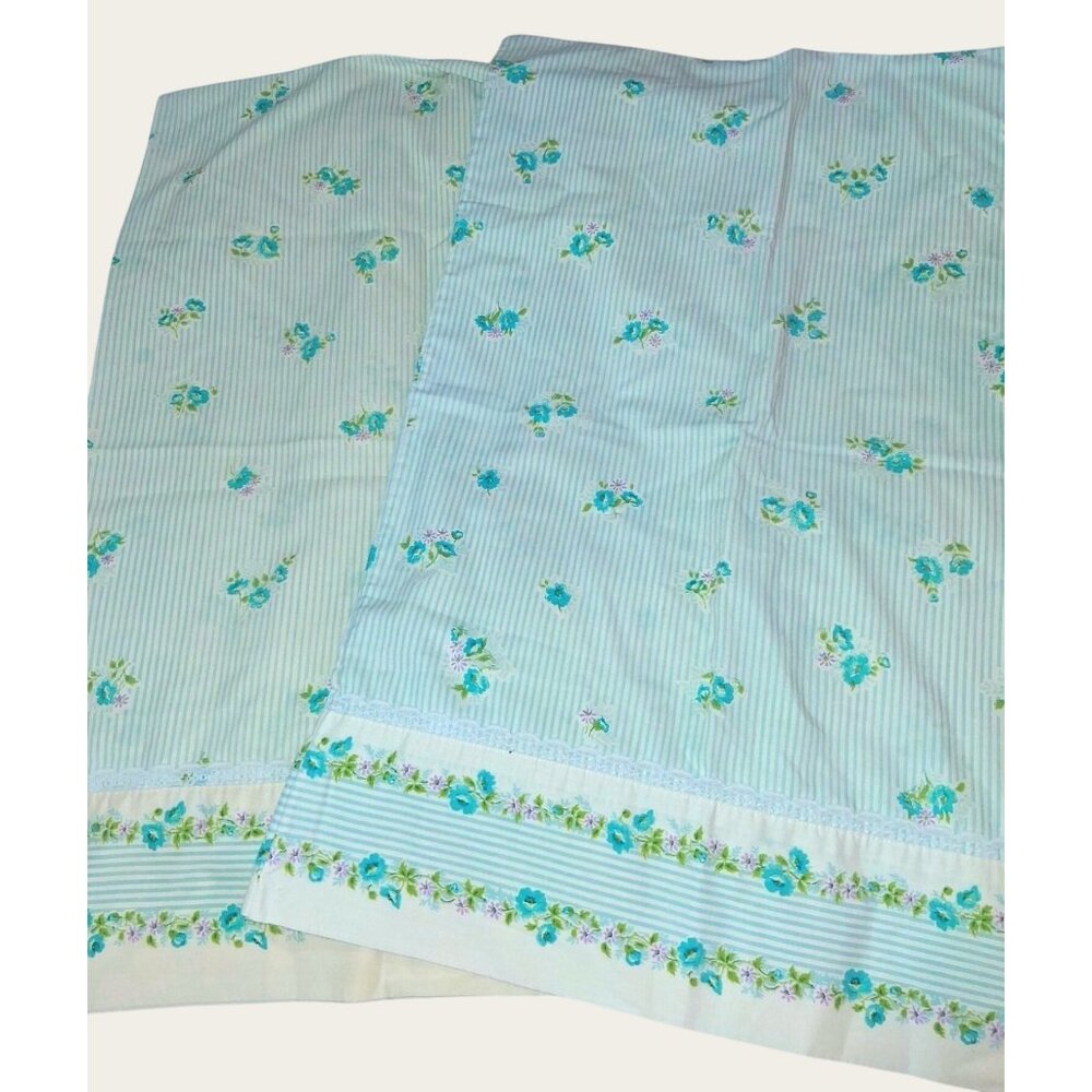 2 Vintage Cannon Monticello Floral Pillowcases Standard Blue  Green Stripes Lace